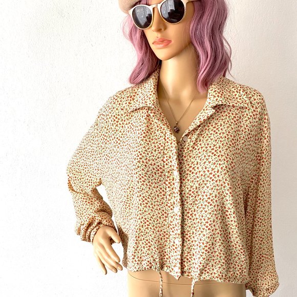 Brandy Melville Floral Blouse Drawstring Top Cropped Blouse Trendy Casual S M L - Picture 9 of 9